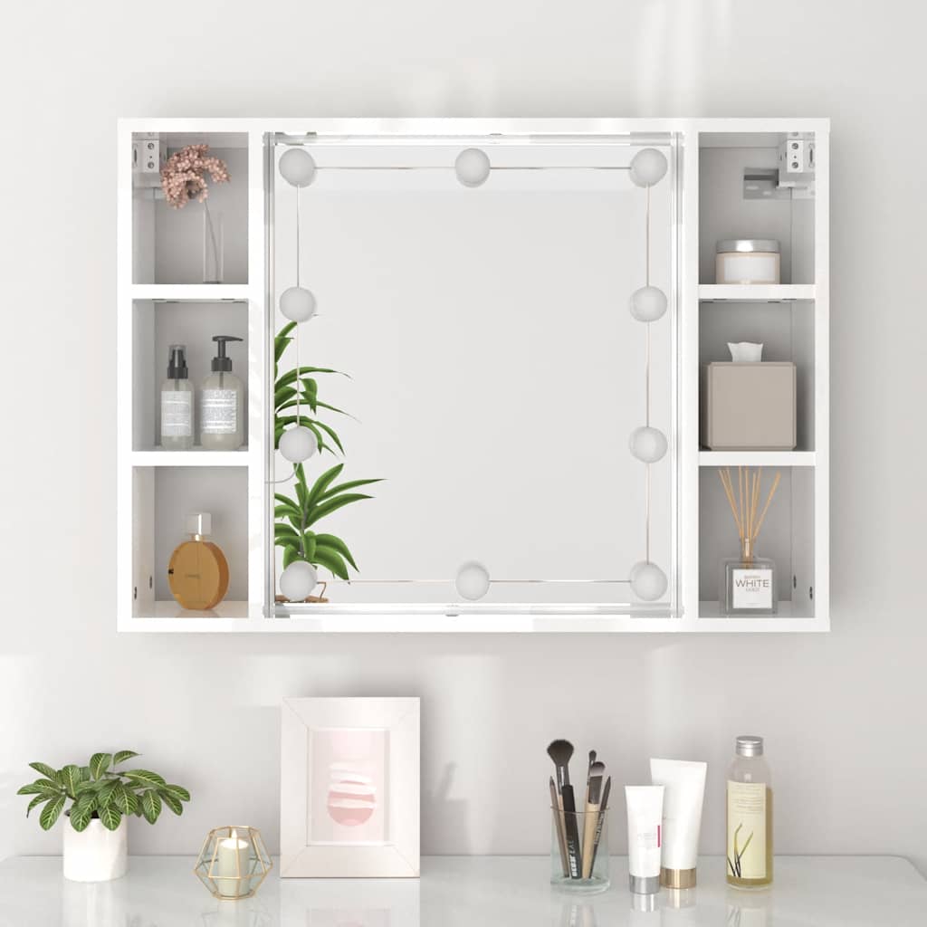 magasfényű fehér tükrös szekrény LED-ekkel 76 x 15 x 55 cm