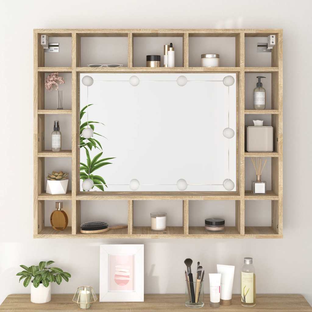 sonoma tölgyszínű tükrös szekrény LED-ekkel 91 x 15 x 76,5 cm