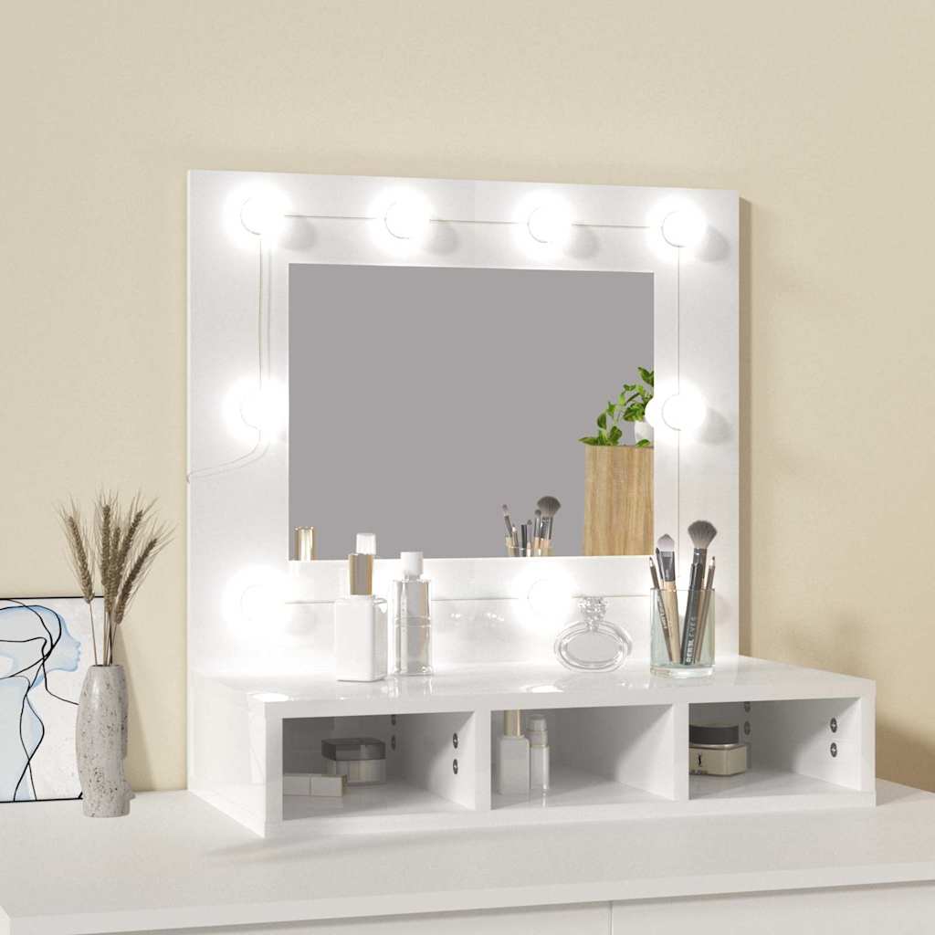magasfényű fehér tükrös szekrény LED-ekkel 60 x 31,5 x 62 cm