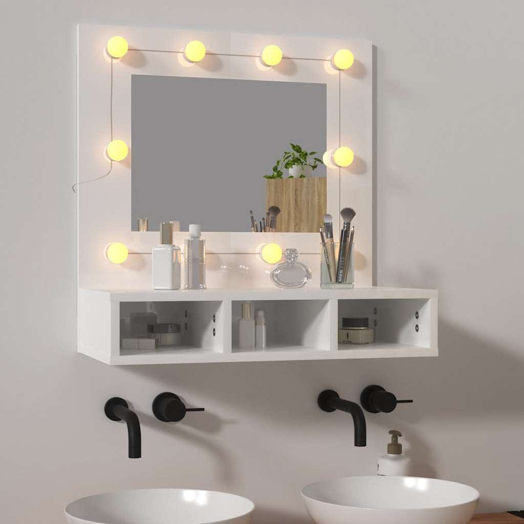 magasfényű fehér tükrös szekrény LED-ekkel 60 x 31,5 x 62 cm