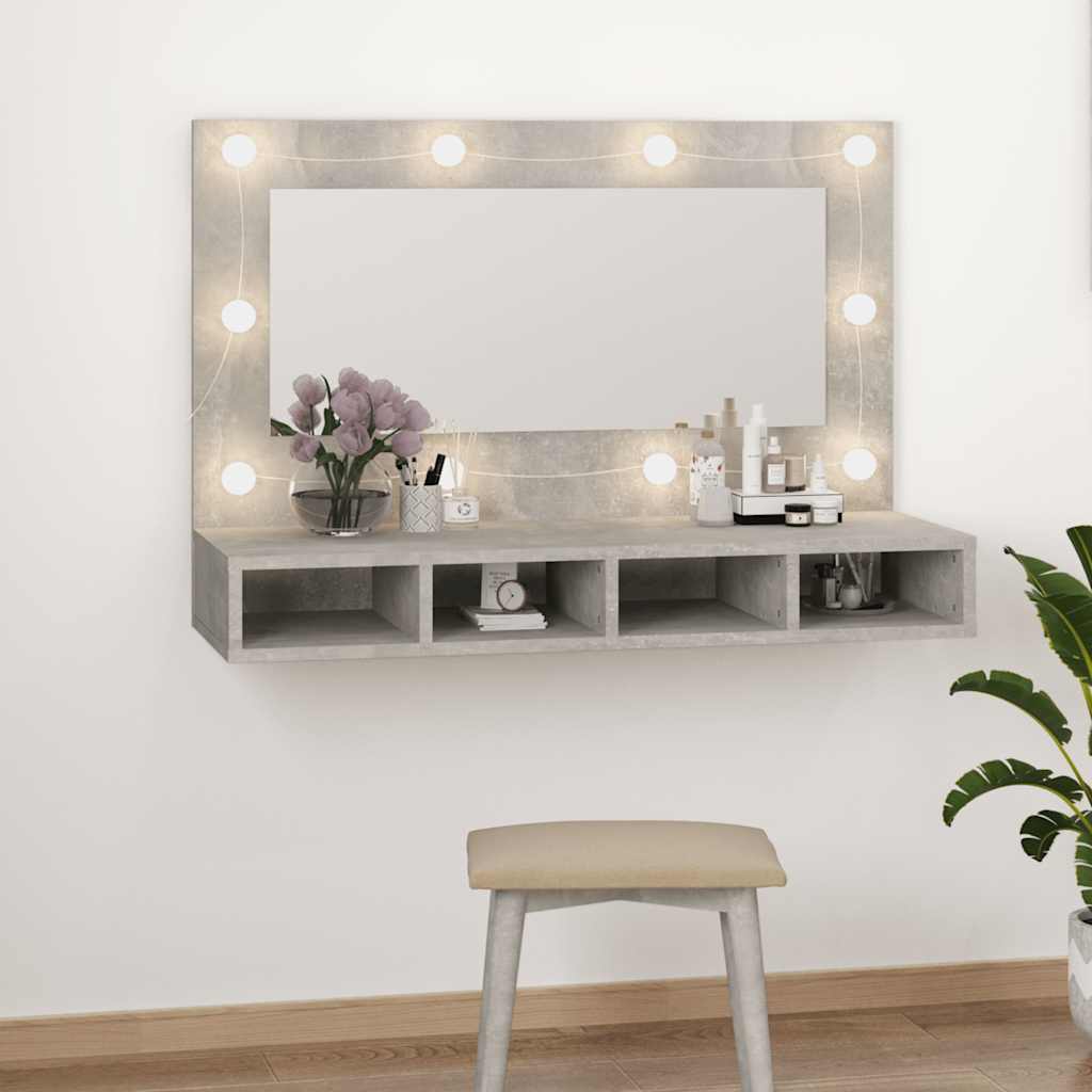 betonszürke tükrös szekrény LED-ekkel 90 x 31,5 x 62 cm
