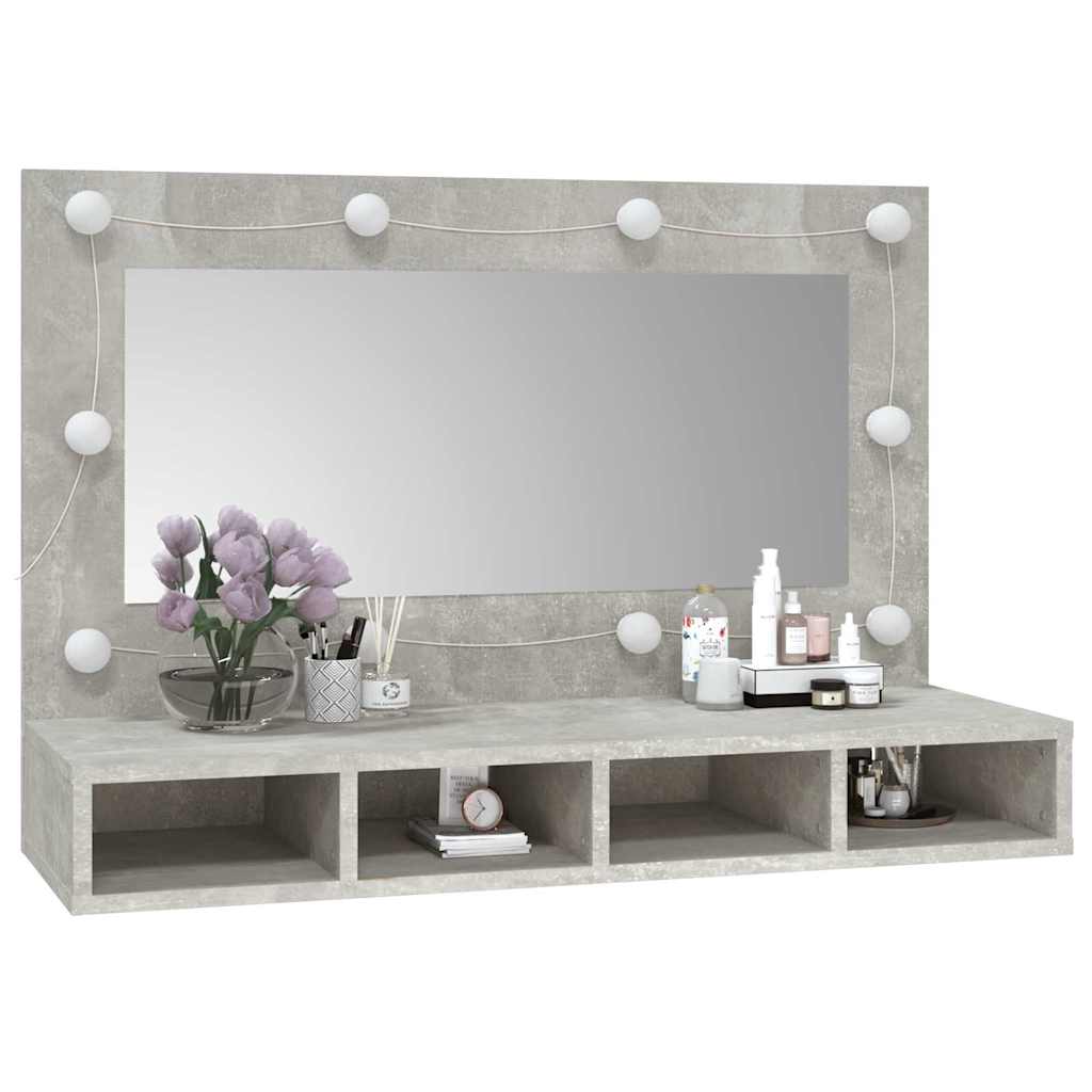 betonszürke tükrös szekrény LED-ekkel 90 x 31,5 x 62 cm