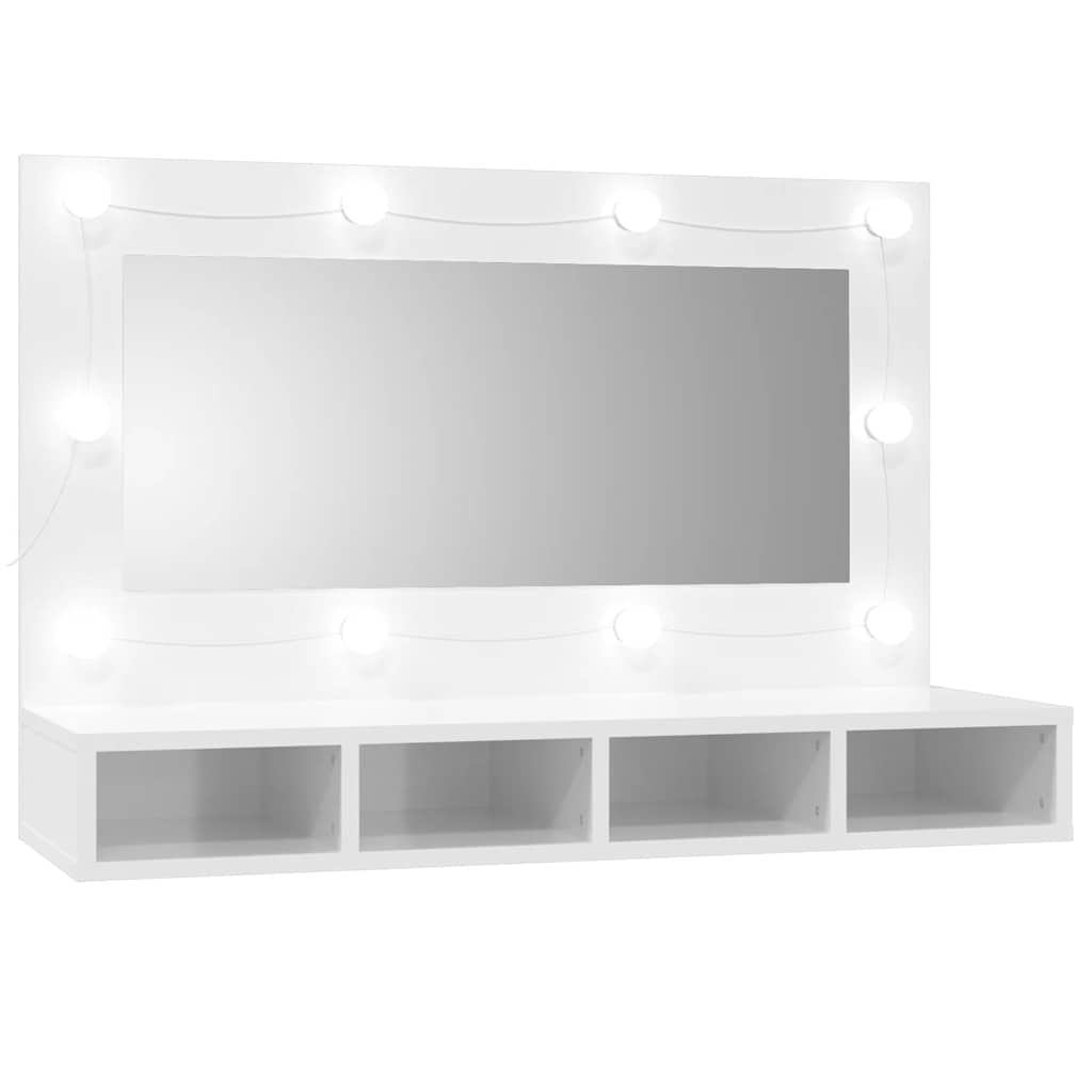 magasfényű fehér tükrös szekrény LED-ekkel 90 x 31,5 x 62 cm