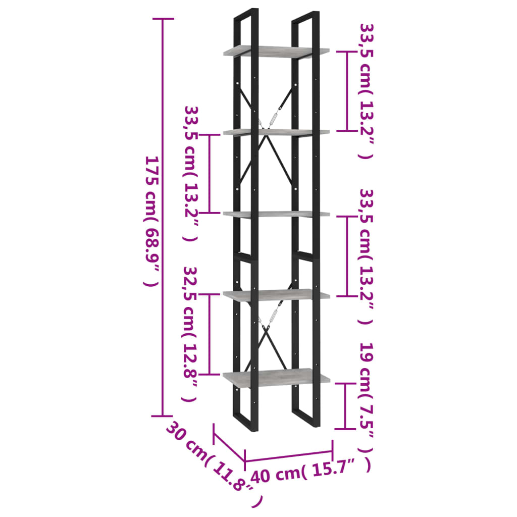 5 szintes betonszürke szerelt fa könyvszekrény 40 x 30 x 175 cm