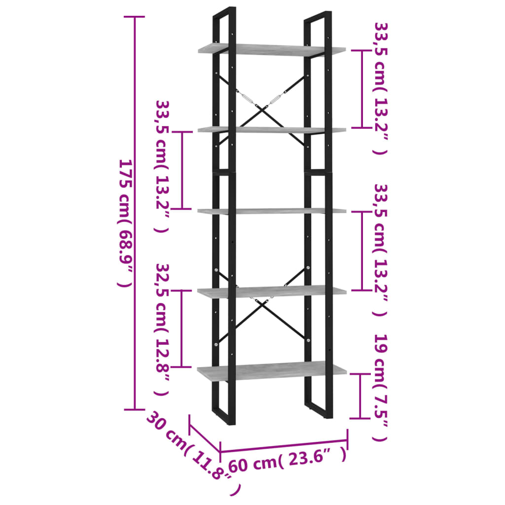 5 szintes betonszürke szerelt fa könyvszekrény 60 x 30 x 175 cm