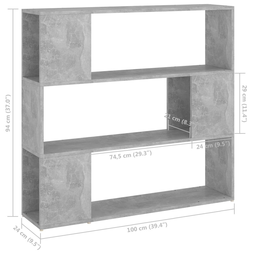 betonszürke szerelt fa térelválasztó könyvszekrény 100x24x94 cm