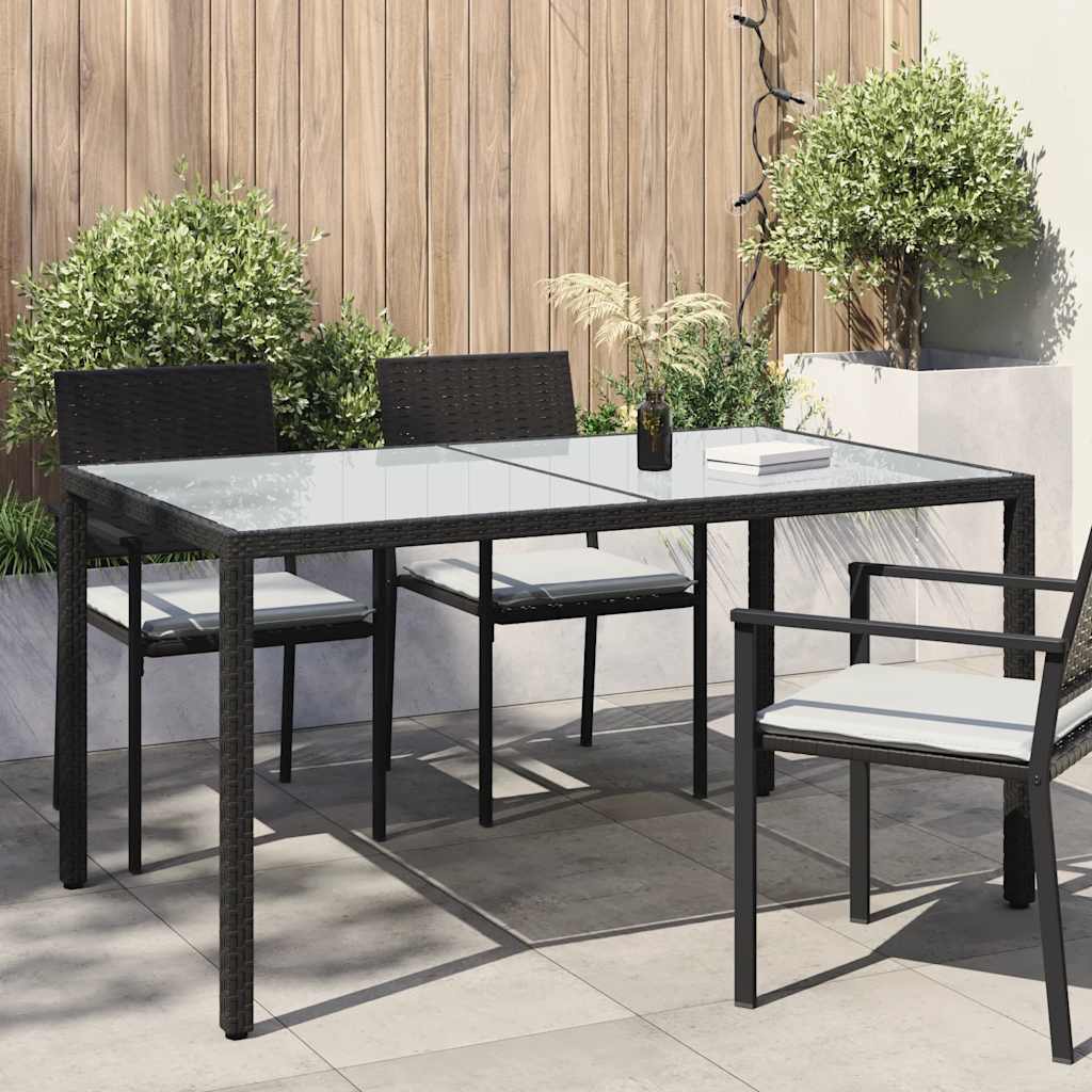 fekete polyrattan és edzett üveg kerti asztal 150 x 90 x 75 cm