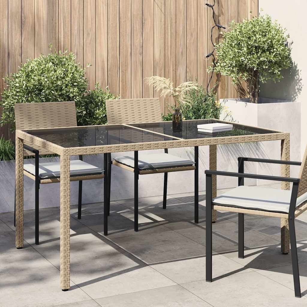 bézs polyrattan és edzett üveg kerti asztal 150 x 90 x 75 cm