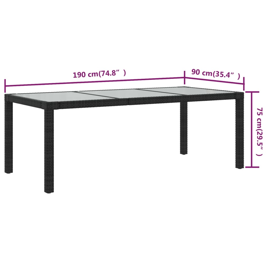 fekete polyrattan és edzett üveg kerti asztal 190 x 90 x 75 cm