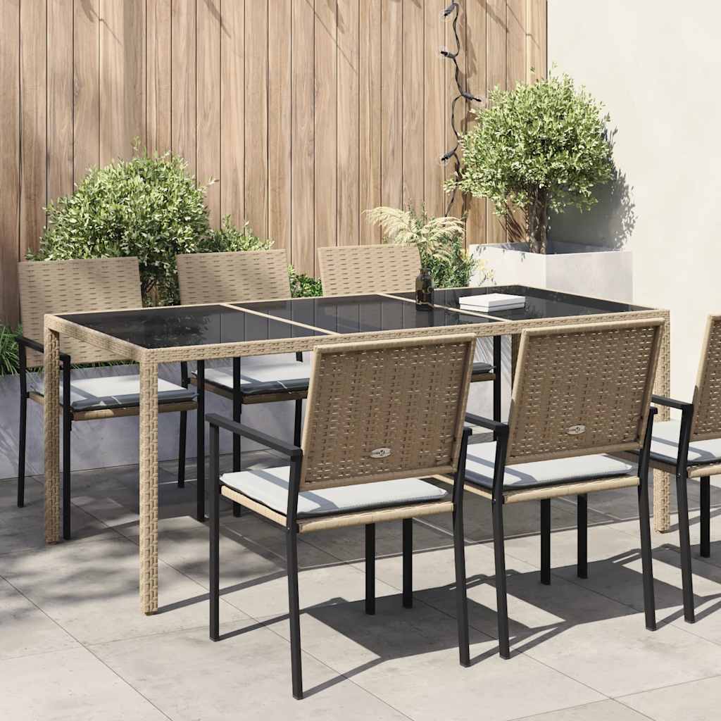bézs szürke polyrattan és edzett üveg kerti asztal 190x90x75 cm
