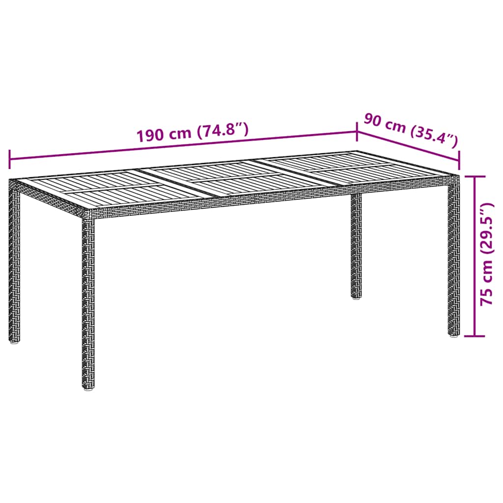 fekete polyrattan és akácfa kerti asztal 190 x 90 x 75 cm