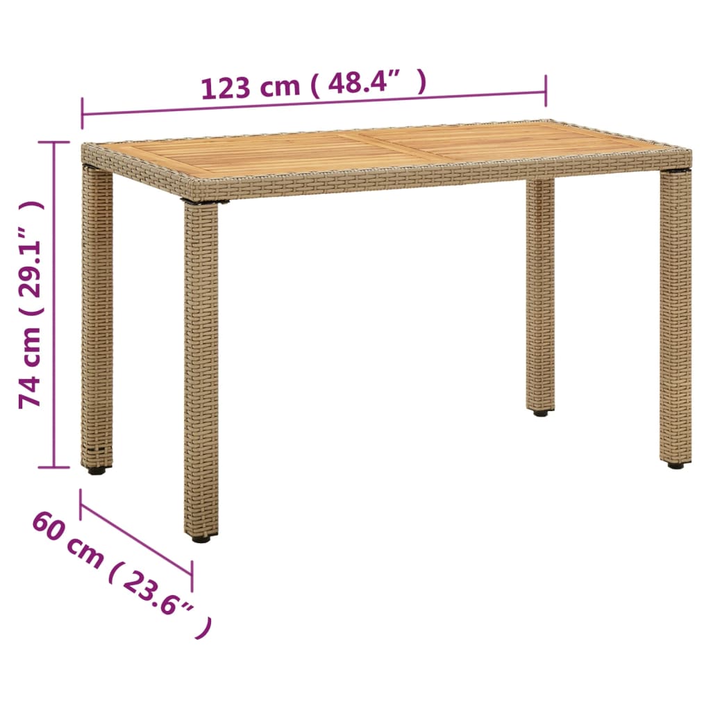 bézs polyrattan és tömör akácfa kerti asztal 123 x 60 x 74 cm