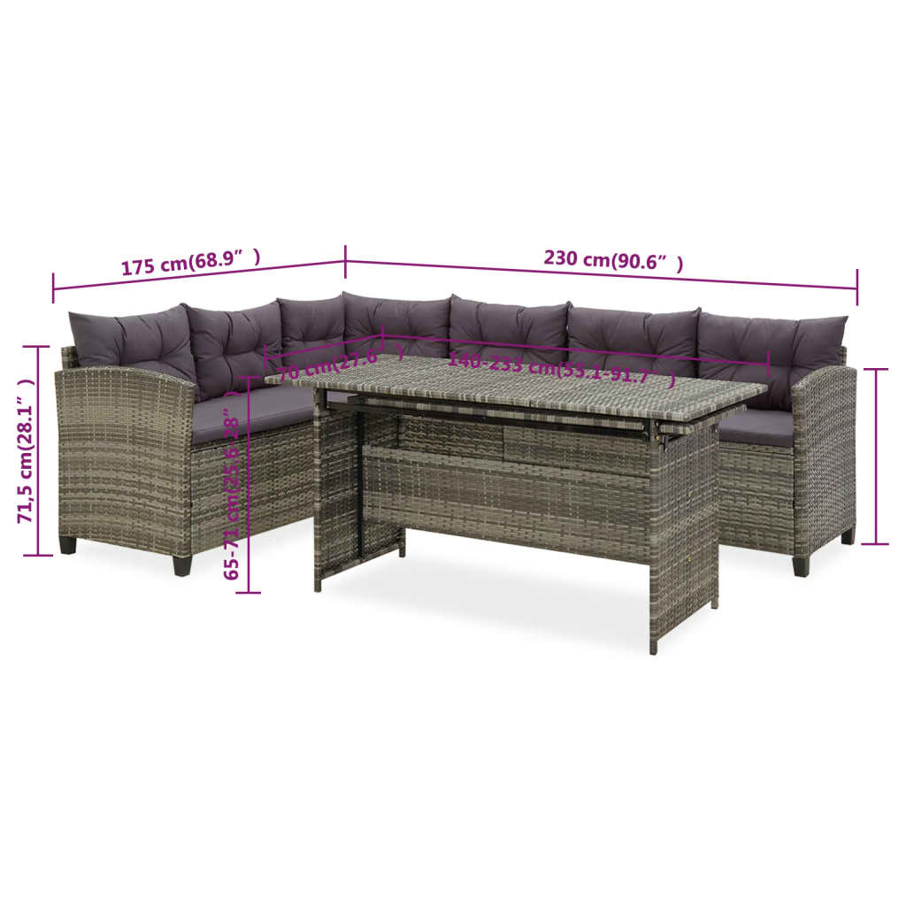 2-részes szürke polyrattan kerti bútorszett párnákkal