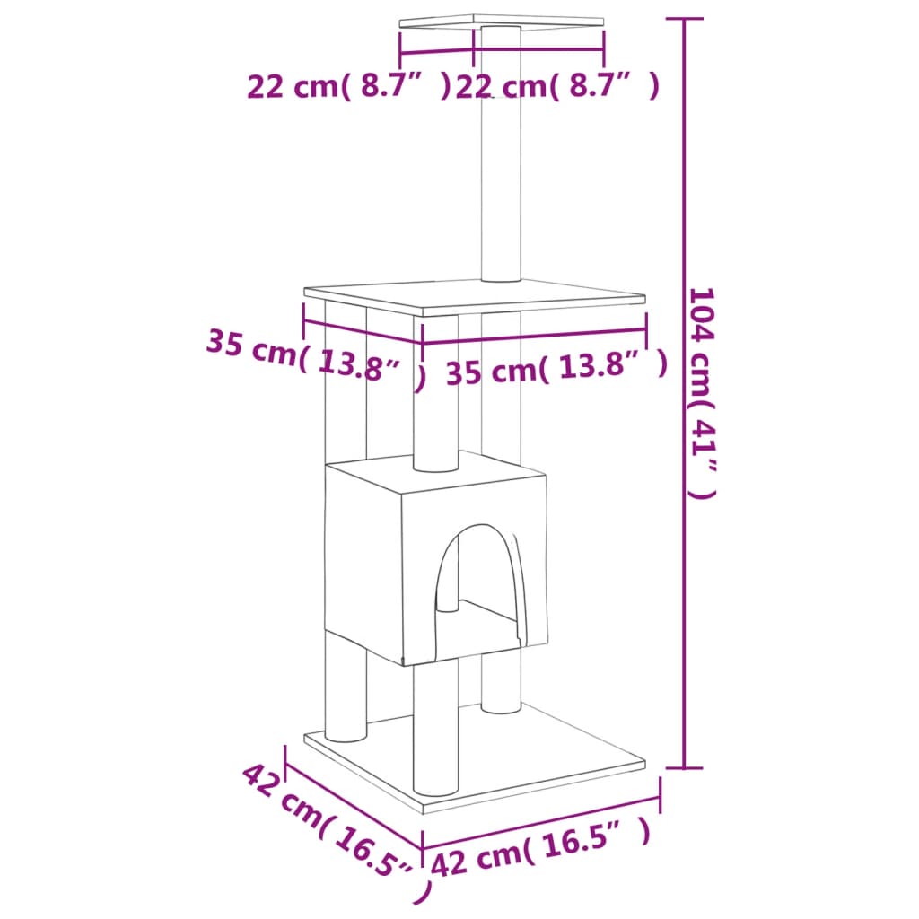 világosszürke macskabútor szizál kaparófákkal 104 cm