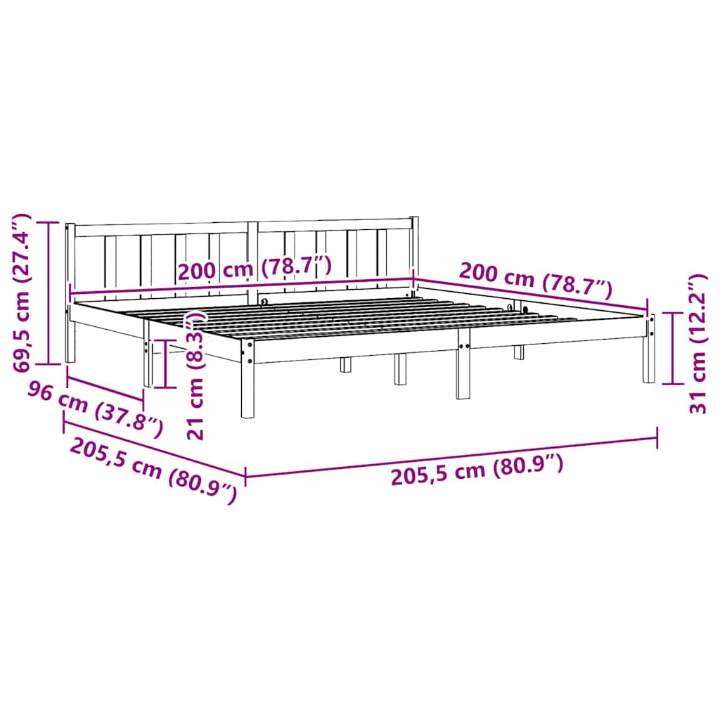 fekete tömör fenyőfa ágykeret 200 x 200 cm