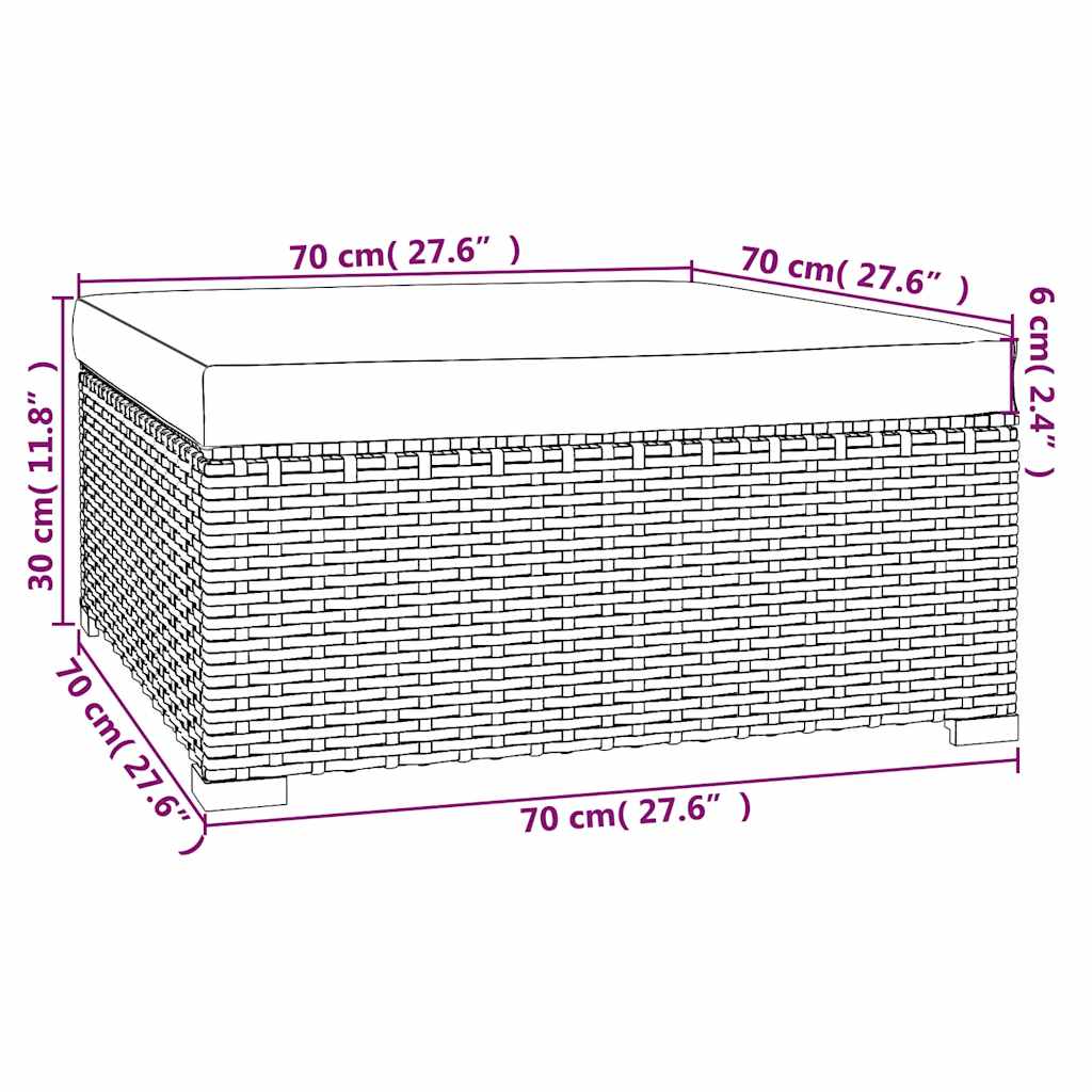 fekete polyrattan kerti lábtartó párnával 70 x 70 x 30 cm
