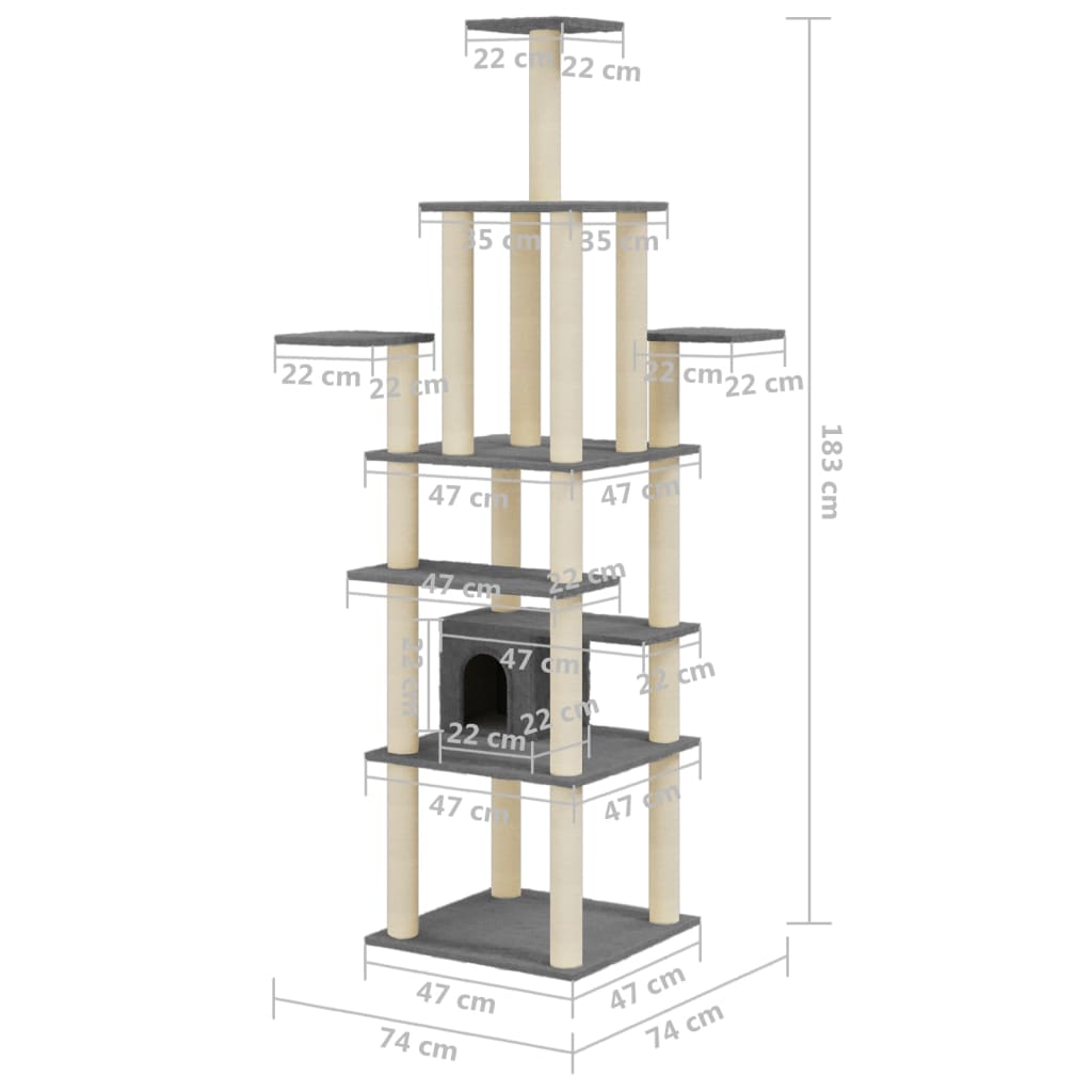 sötétszürke macskabútor szizál kaparófákkal 183 cm