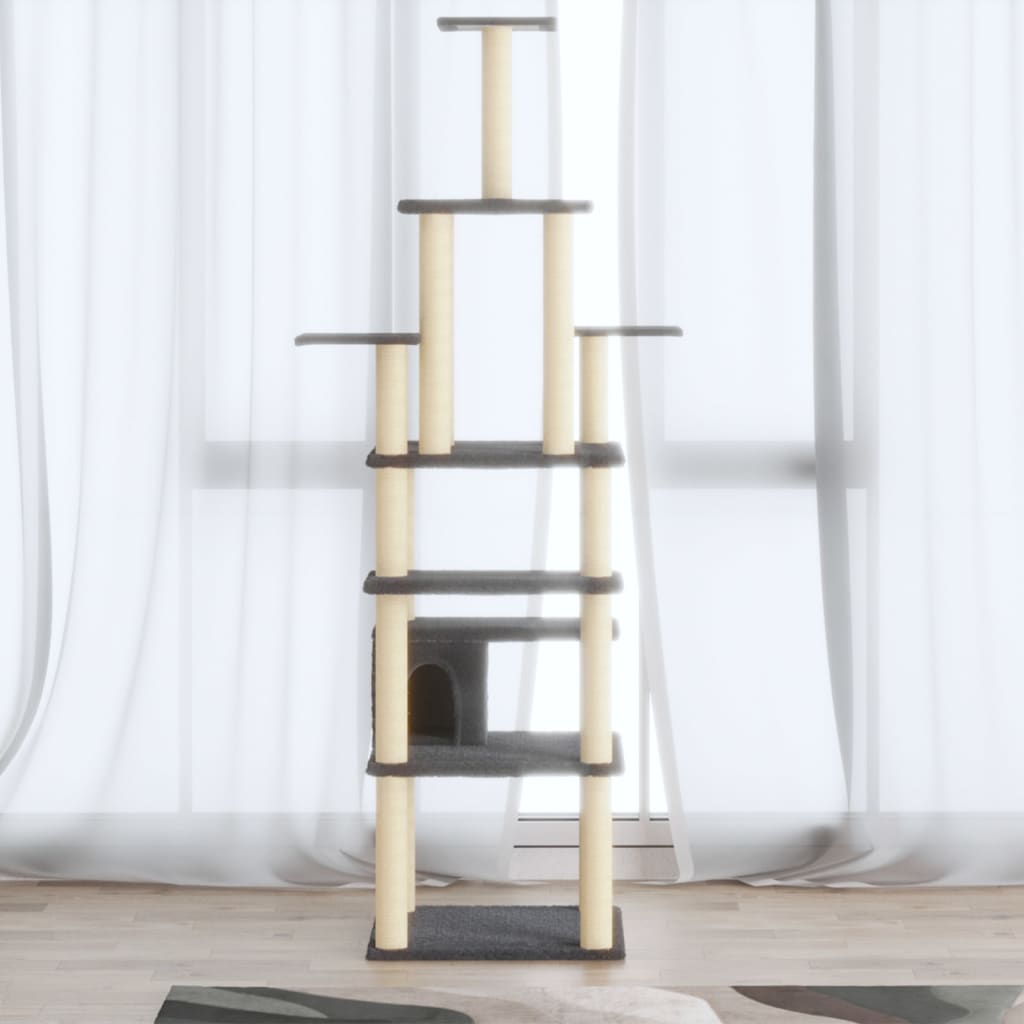 sötétszürke macskabútor szizál kaparófákkal 183 cm