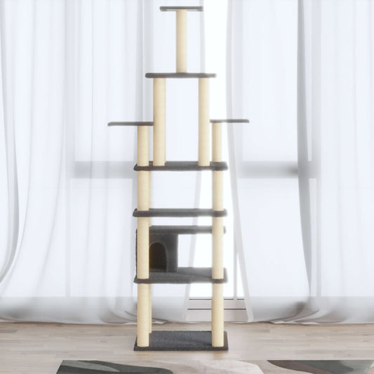 sötétszürke macskabútor szizál kaparófákkal 183 cm