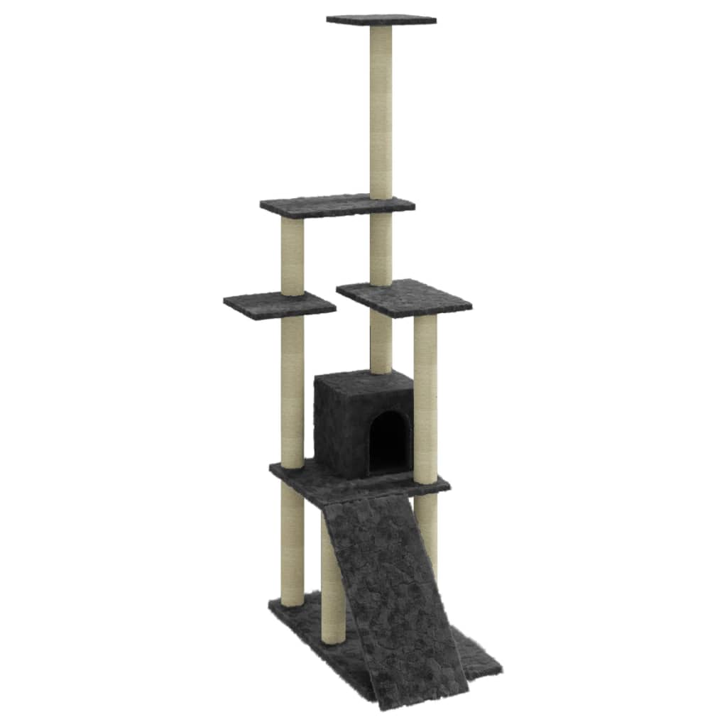 sötétszürke macskabútor szizál kaparófákkal 155 cm