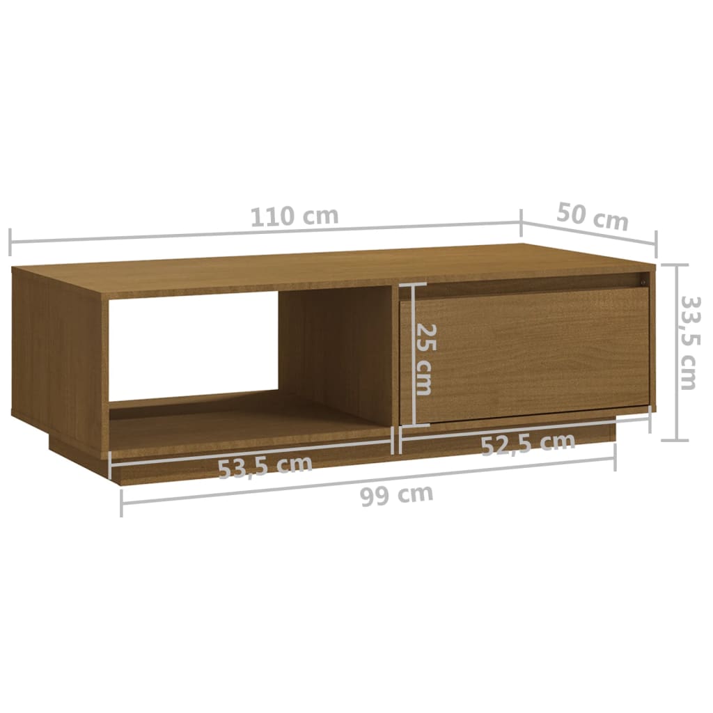 mézbarna tömör fenyőfa dohányzóasztal 110 x 50 x 33,5 cm