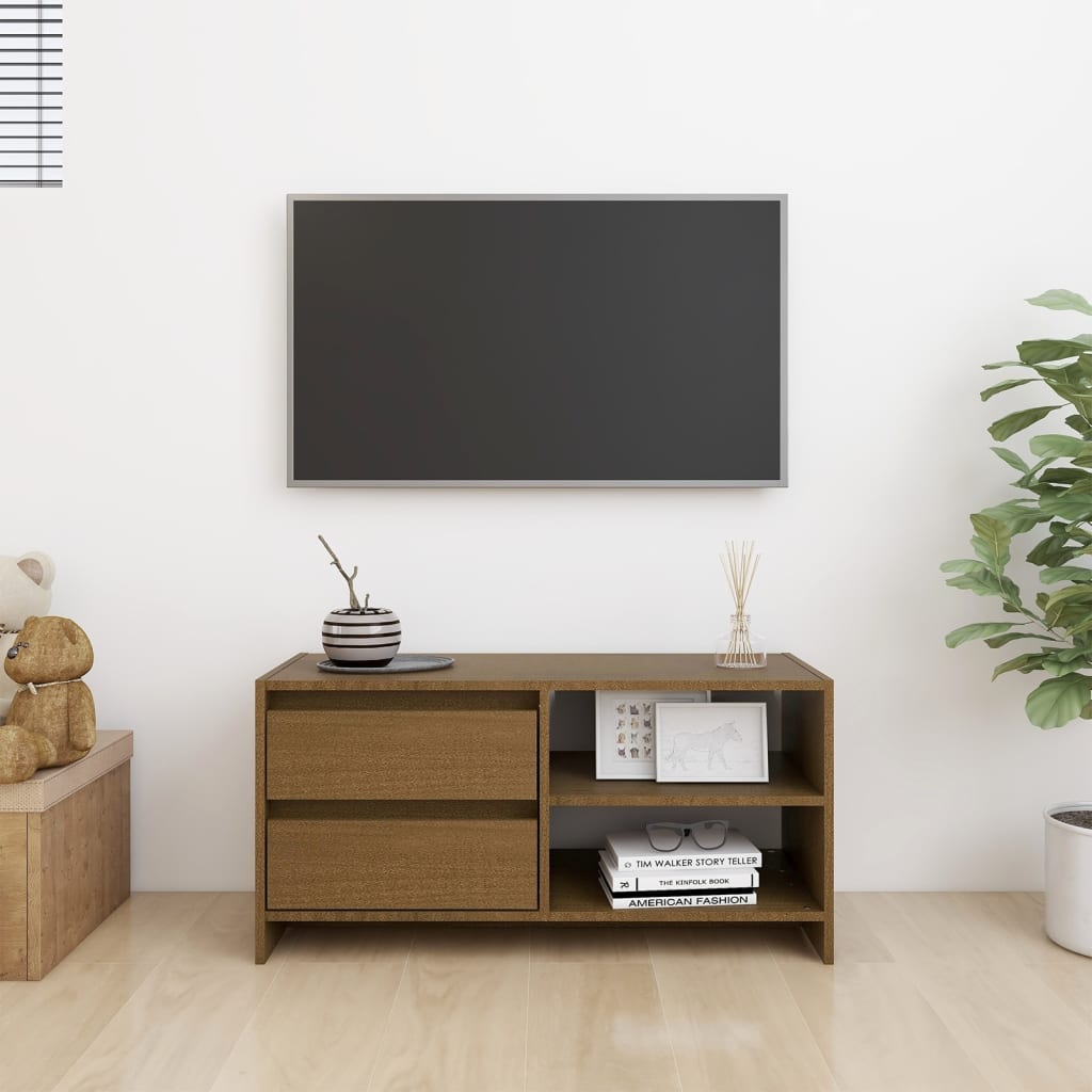 mézbarna tömör fenyőfa TV-szekrény 80 x 31 x 39 cm