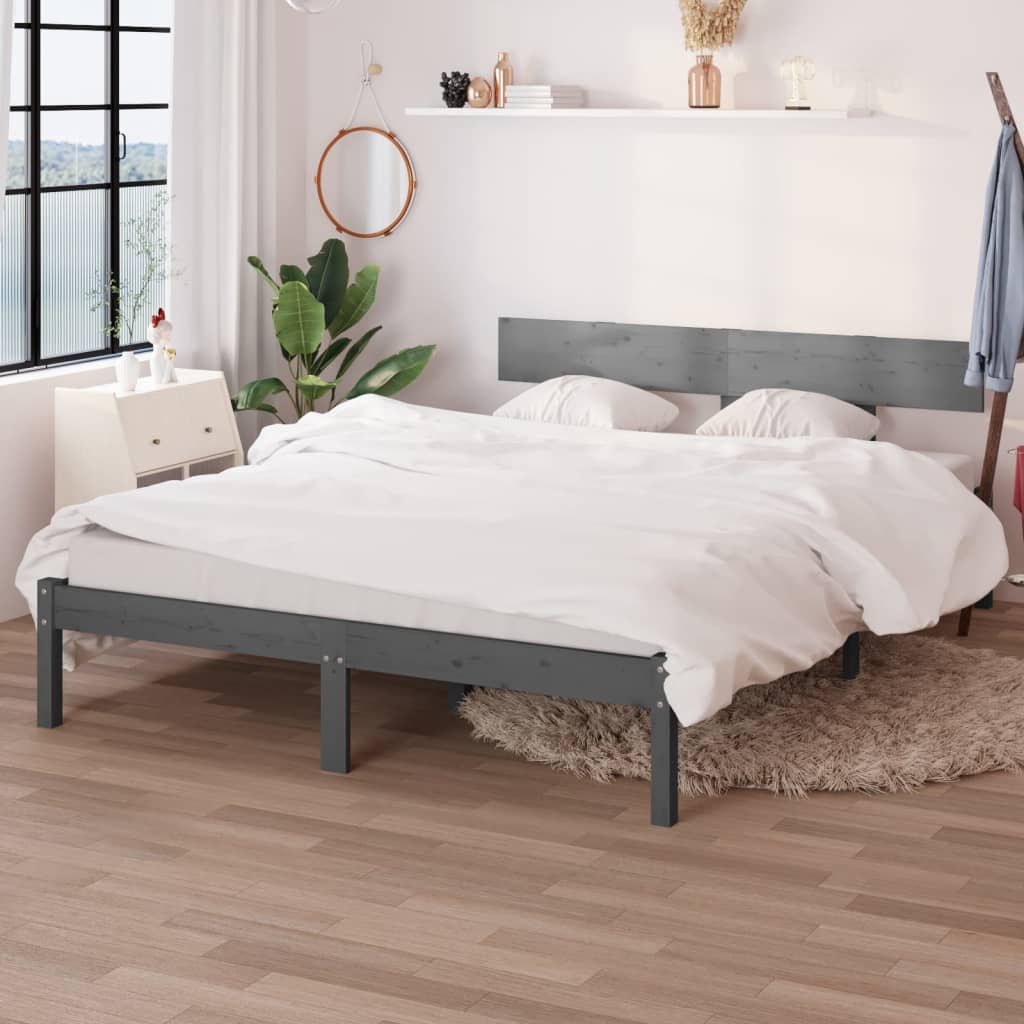 King Size szürke tömör fenyőfa ágykeret 150 x 200 cm