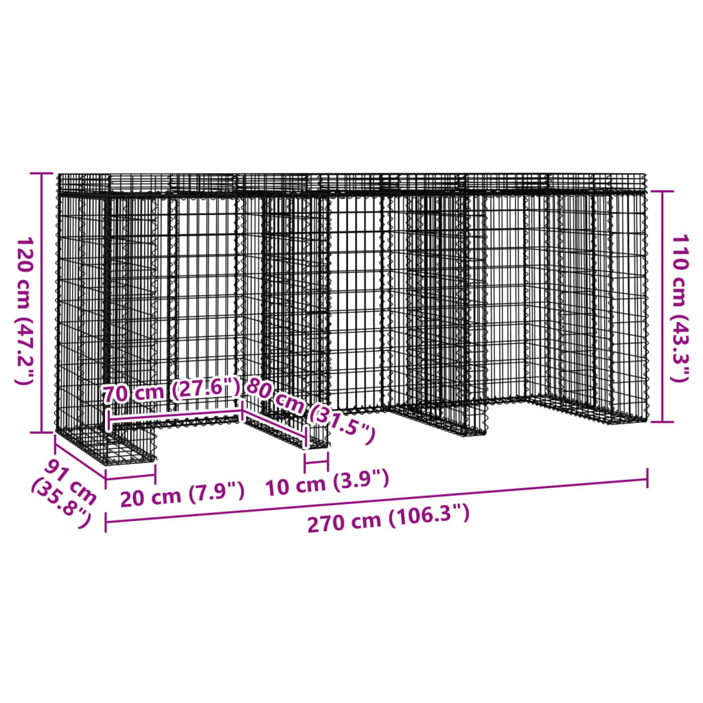 horganyzott vas gabionkosár szemeteskukához 270 x 91 x 120 cm