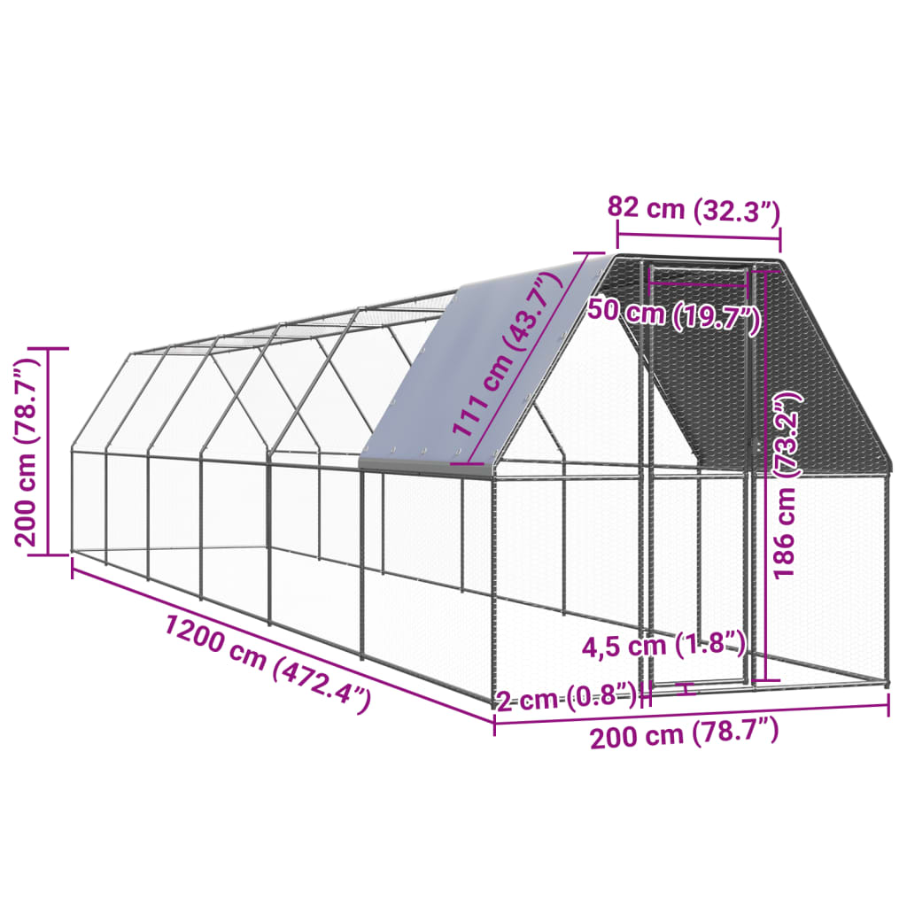 kültéri horganyzott acél tyúkól 2 x 12 x 2 m