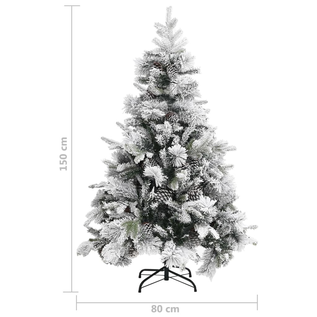 PVC/PE karácsonyfa pelyhes hóval és tobozokkal 150 cm