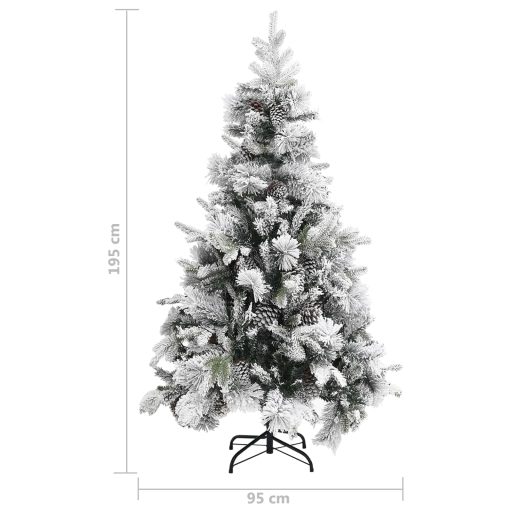 PVC/PE karácsonyfa pelyhes hóval és tobozokkal 195 cm