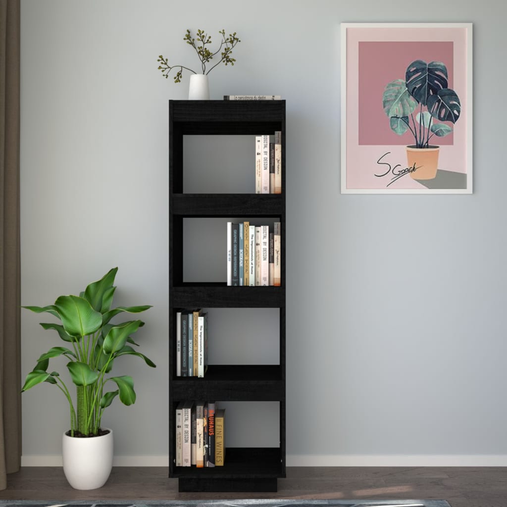 fekete tömör fenyőfa könyvszekrény/térelválasztó 40x35x135 cm