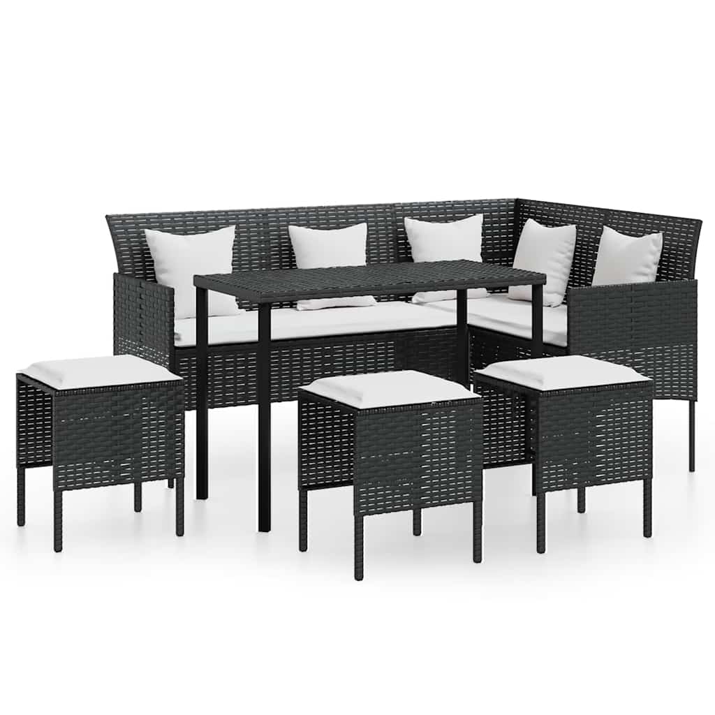 5 személyes fekete polyrattan L-alakú kanapészett párnákkal