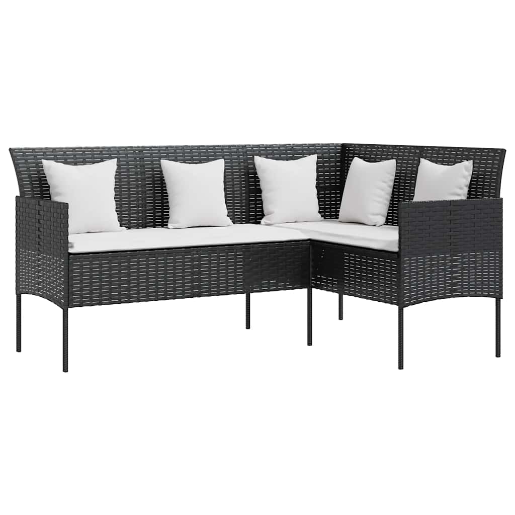 5 személyes fekete polyrattan L-alakú kanapészett párnákkal