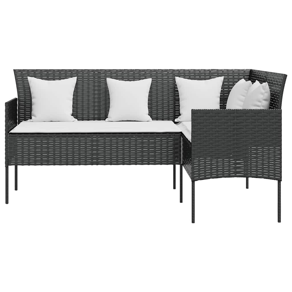 5 személyes fekete polyrattan L-alakú kanapészett párnákkal