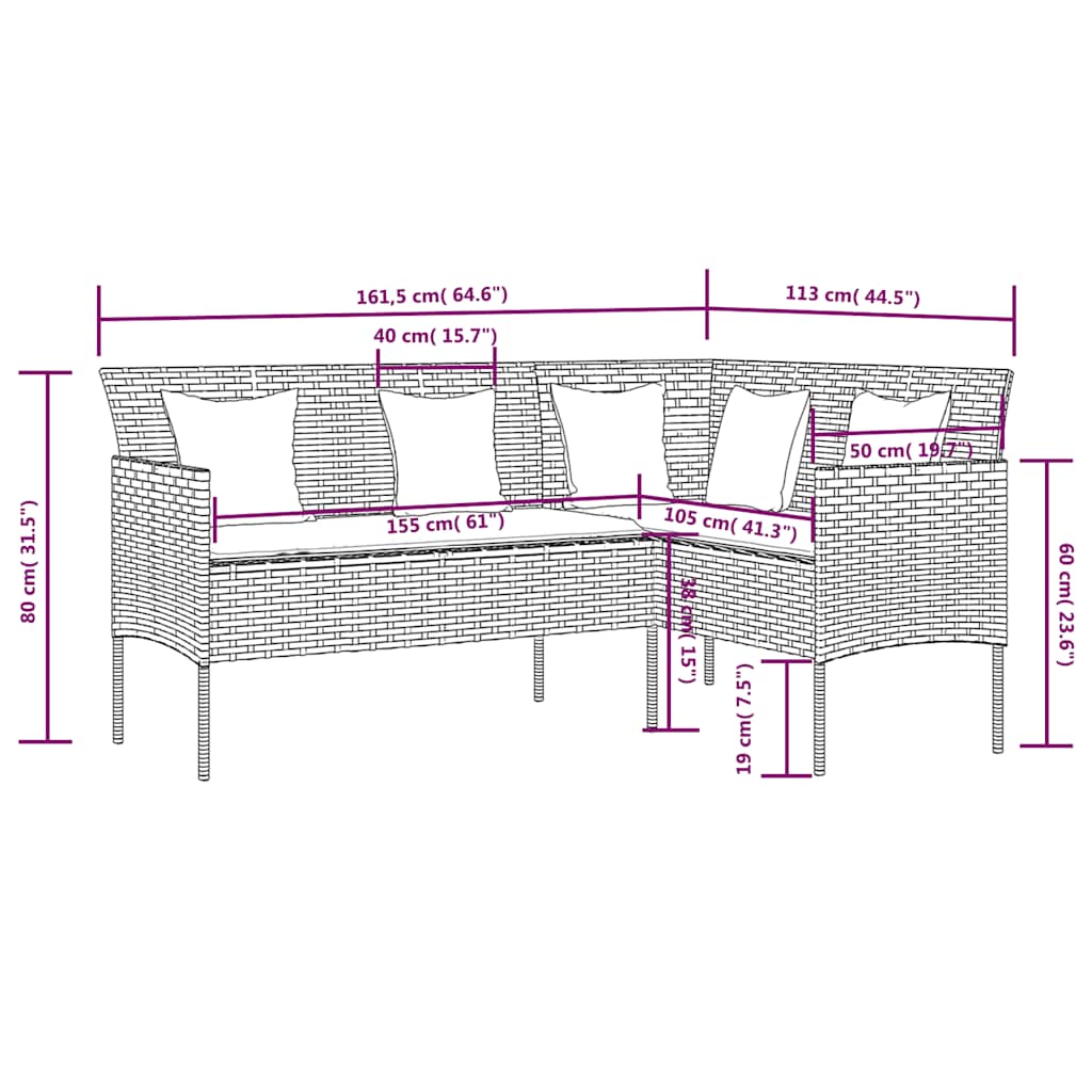 5 személyes fekete polyrattan L-alakú kanapészett párnákkal