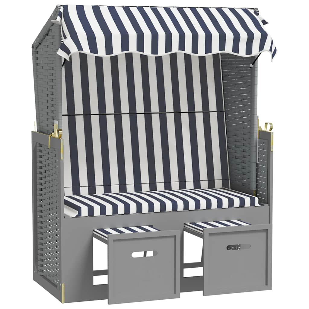 kék és fehér polyrattan és tömör fa strandszék tetővel