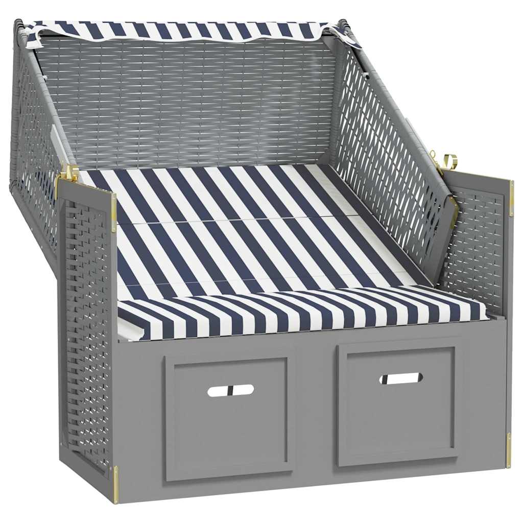 kék és fehér polyrattan és tömör fa strandszék tetővel