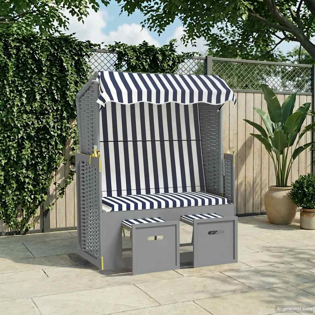 kék és fehér polyrattan és tömör fa strandszék tetővel