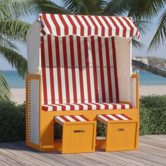 piros és fehér polyrattan és tömör fa strandszék tetővel
