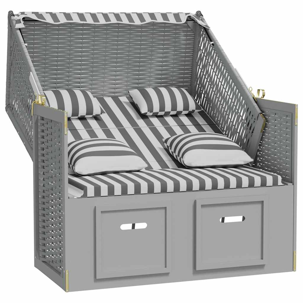 szürke-fehér polyrattan és tömör fa strandszék párnákkal