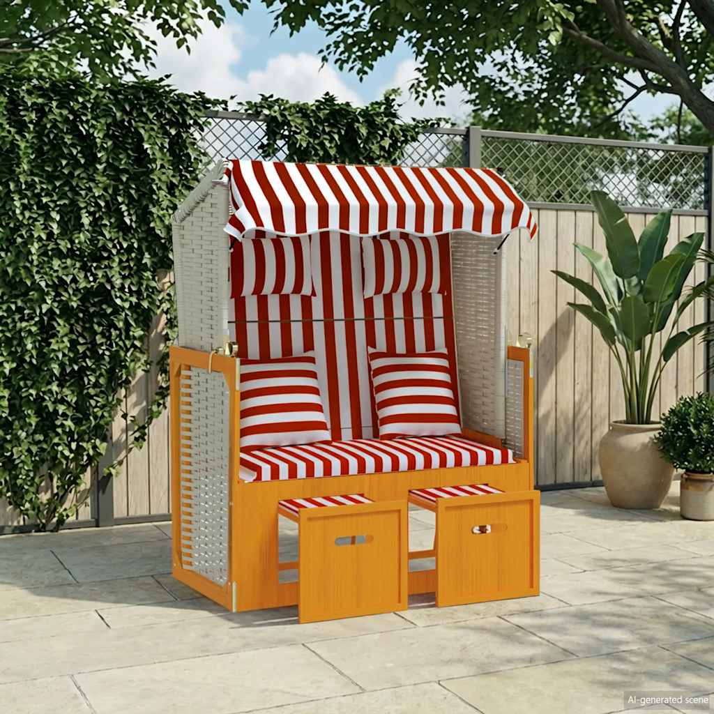piros és fehér polyrattan és tömör fa strandszék párnákkal
