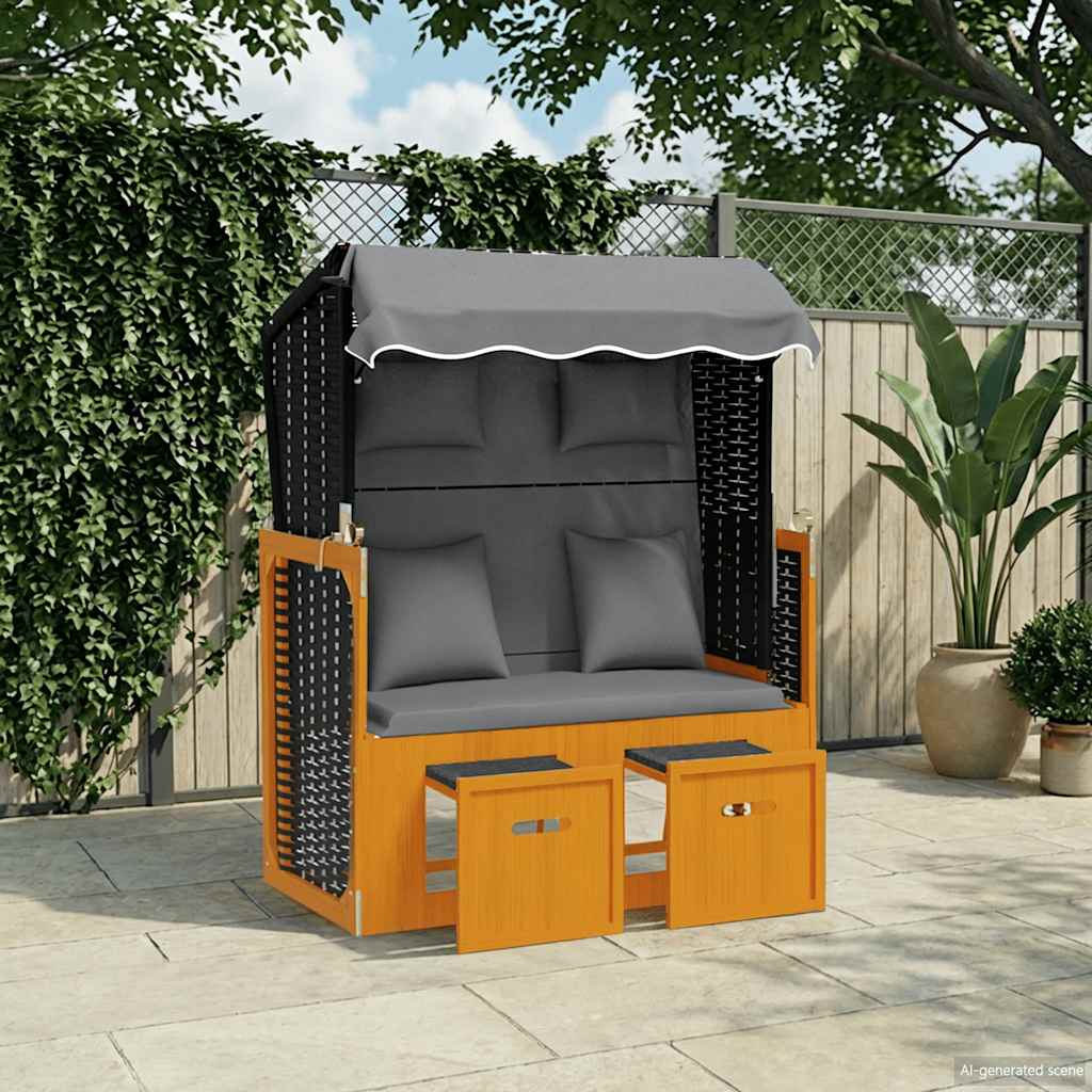 fekete-antracitszürke polyrattan és fa strandszék párnával
