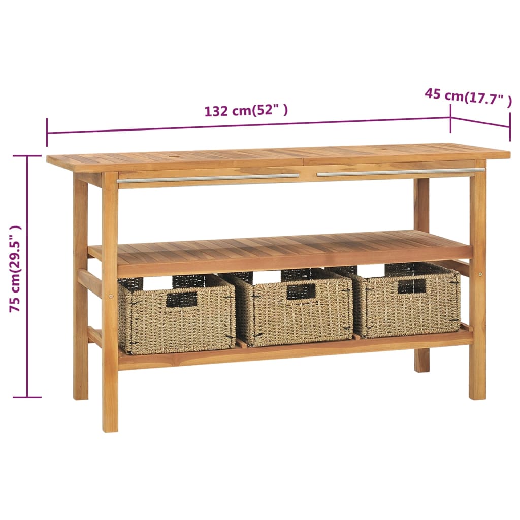 tömör tíkfa fürdőszobai pipereszekrény 3 kosárral 132x45x75 cm