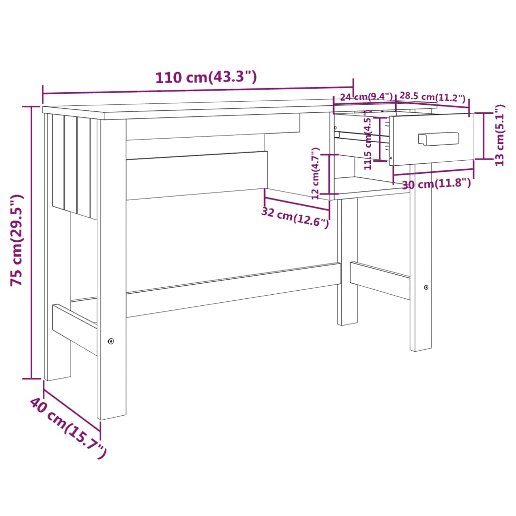 HAMAR világosszürke tömör fenyőfa íróasztal 110 x 40 x 75 cm