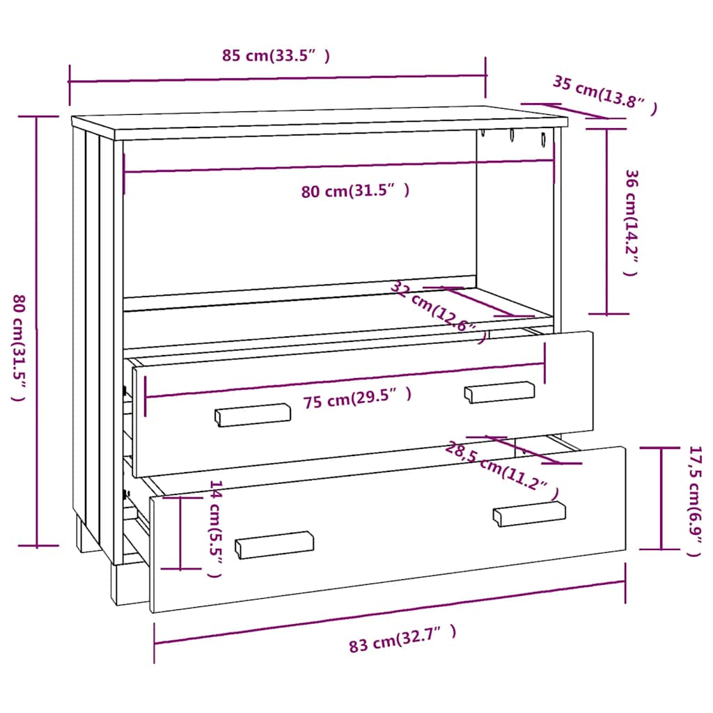 HAMAR fehér tömör fenyőfa tálalószekrény 85 x 35 x 80 cm