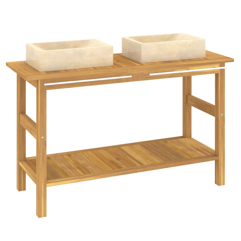 tömör tíkfa fürdőszobaszekrény krémszínű márvány mosdókkal