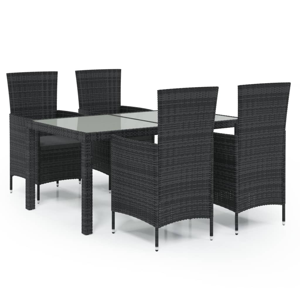 5 részes fekete polyrattan kültéri étkezőszett párnákkal