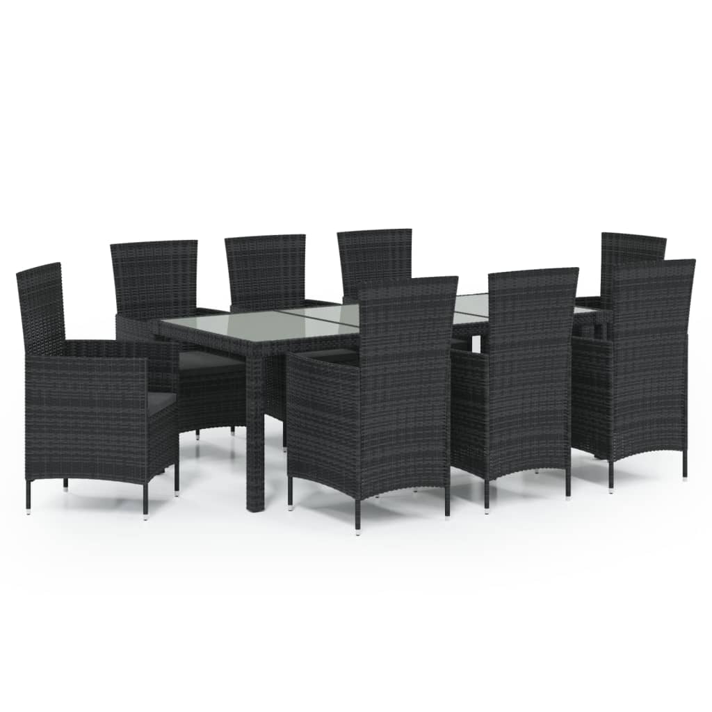 9 részes fekete polyrattan kültéri étkezőszett párnákkal