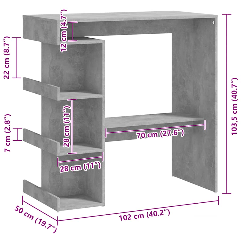 betonszürke szerelt fa bárasztal tárolópolccal 100x50x101,5 cm